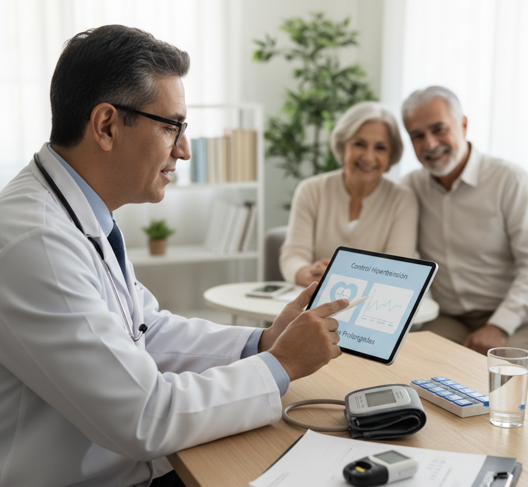 Médico especialista en salud pública realizando control de hipertensión y diabetes online