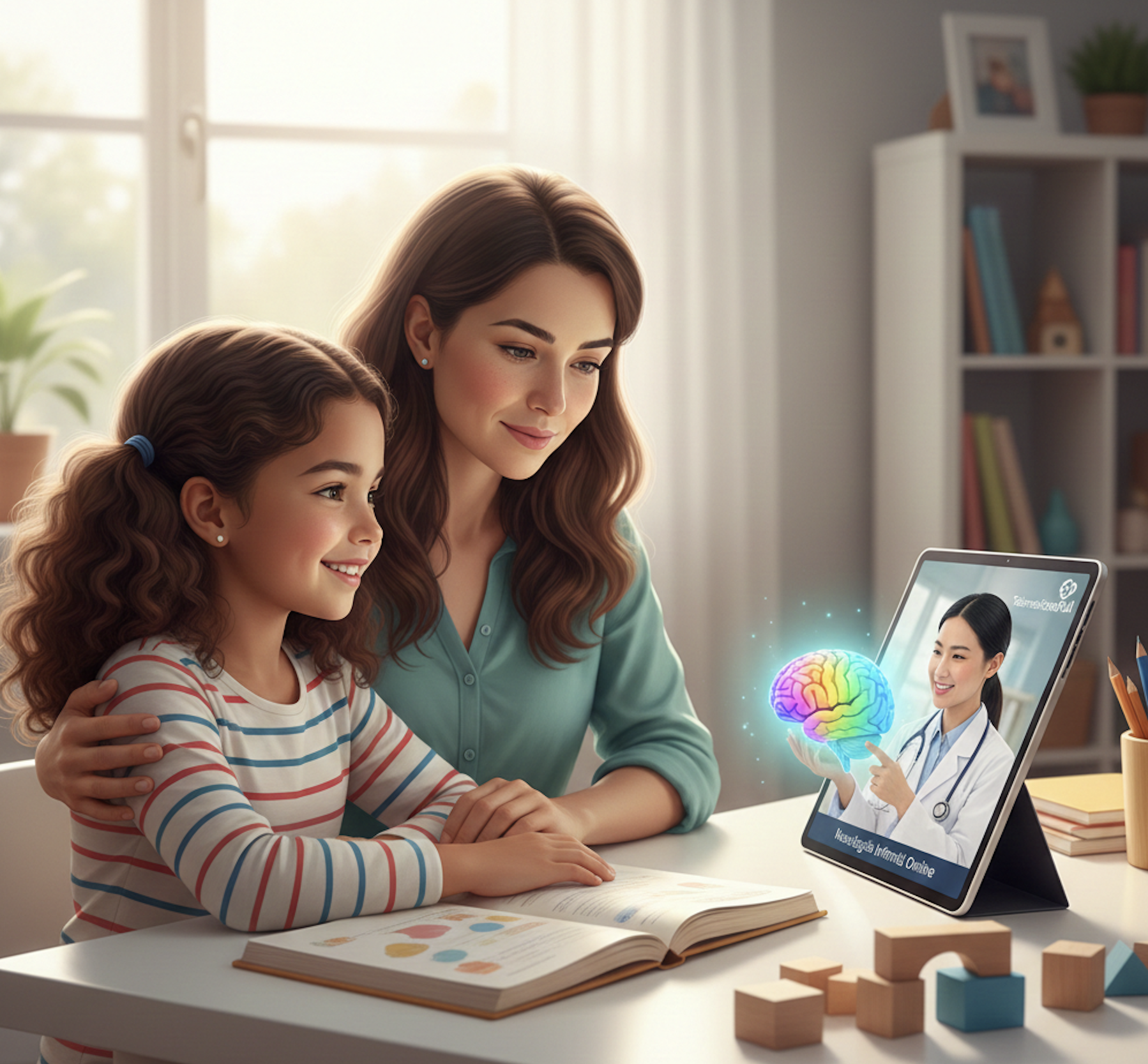 Médico neurólogo analizando exámenes cerebrales en consulta de telemedicina para adultos y niños.