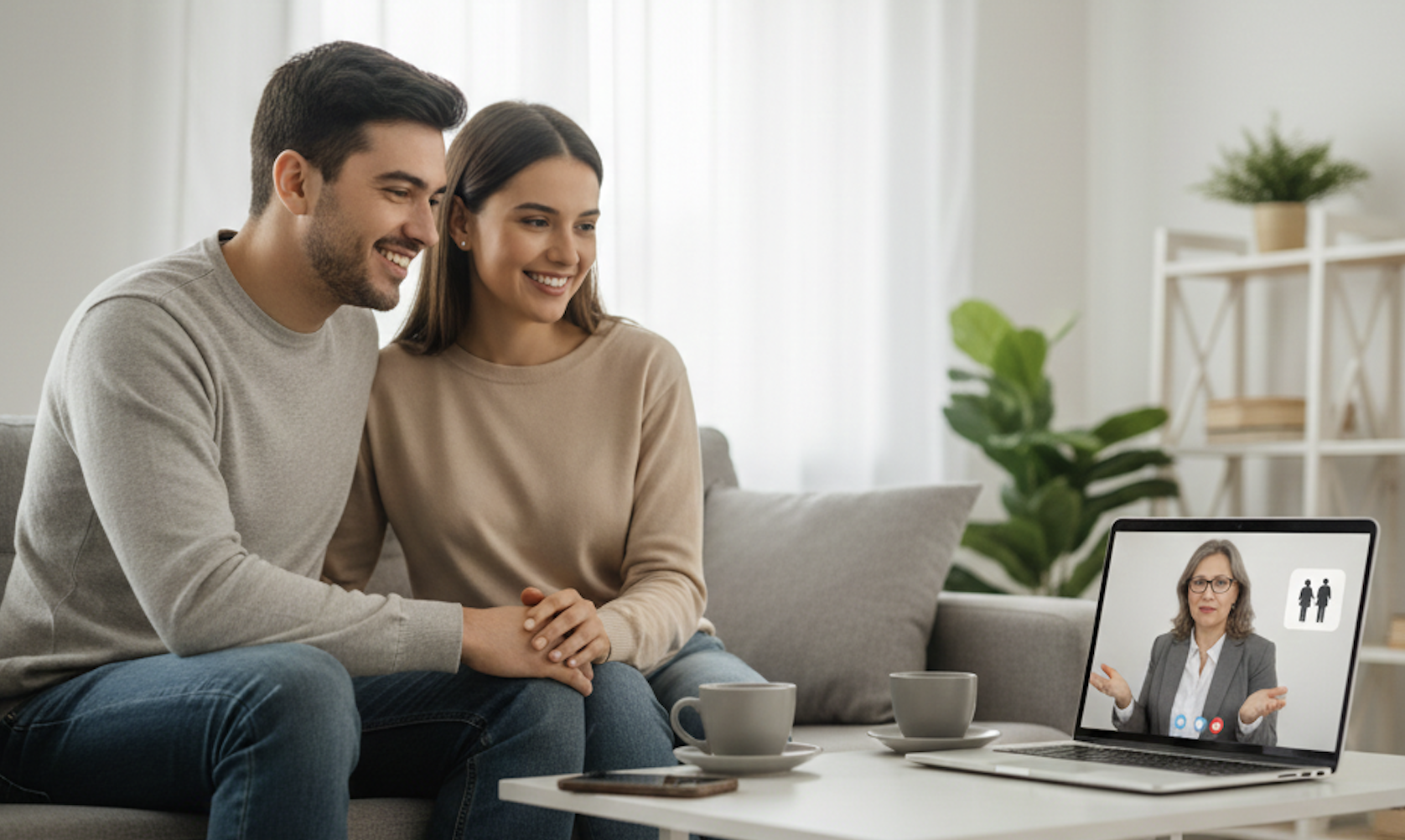 Pareja joven en una sesión de sexología online y terapia de pareja con especialista de TelemedicinaFull desde la privacidad de su hogar.