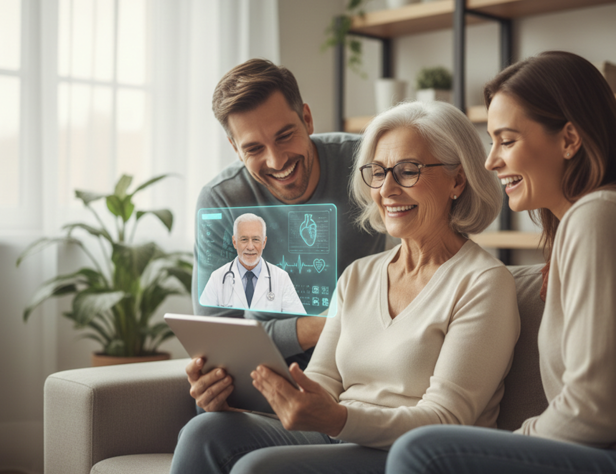Adulta mayor junto a su familia en teleconsulta de geriatría online con médico especialista de TelemedicinaFull vía tablet.