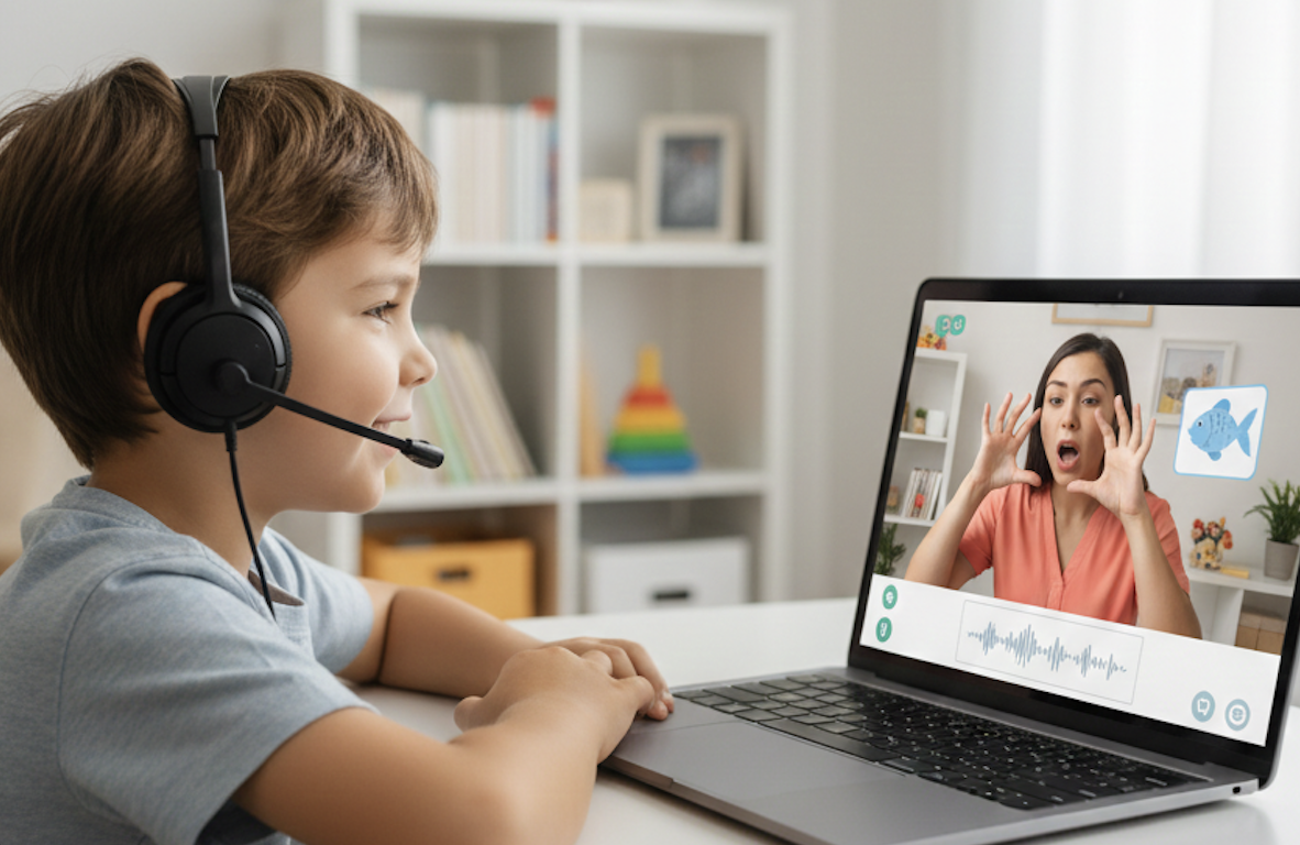 Niño con audífonos participando en terapia de fonoaudiología online con especialista de TelemedicinaFull mediante ejercicios de lenguaje.