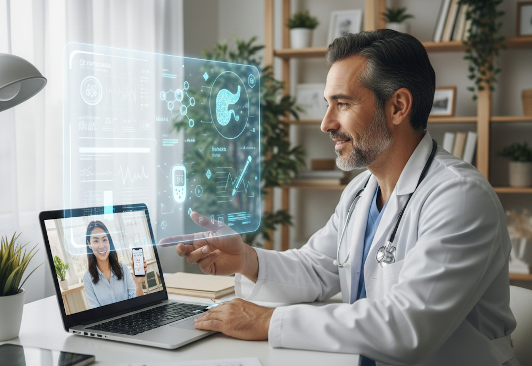 Médico diabetólogo analizando datos de glucosa en tiempo real durante teleconsulta con paciente que utiliza monitor continuo de glicemia en TelemedicinaFull.
