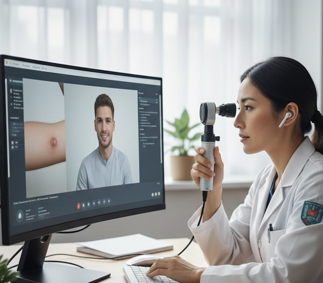 Dermatóloga analizando lesión en la piel de un paciente mediante teledermatoscopía avanzada y consulta online en TelemedicinaFull.