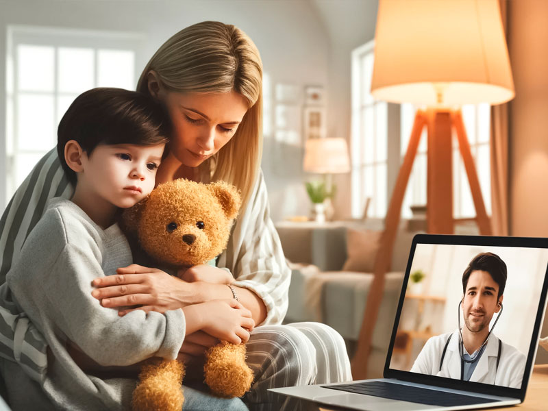 Madre brindando apoyo a su hijo durante una sesión de psiquiatría infantil online con especialista de TelemedicinaFull.