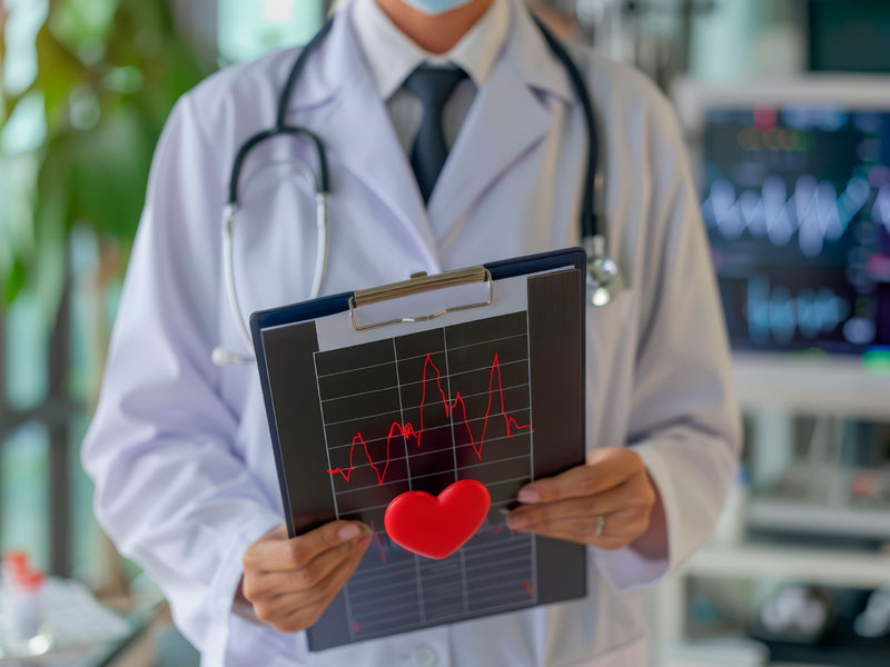 Médico cardiólogo analizando un electrocardiograma para control de salud del corazón y prevención de arritmias vía telemedicina en TelemedicinaFull.
