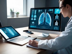 Cirujana especialista analizando anatomía mamaria y planificación quirúrgica digital avanzada para cirugía de mamas en TelemedicinaFull.
