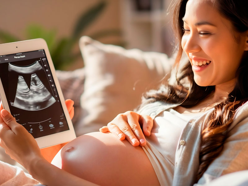 Mujer embarazada en control de obstetricia online revisando ecografía fetal en tablet a través de TelemedicinaFull.