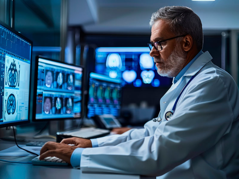 Médico endocrinólogo senior analizando perfiles hormonales y datos metabólicos complejos en estación de trabajo digital de TelemedicinaFull.