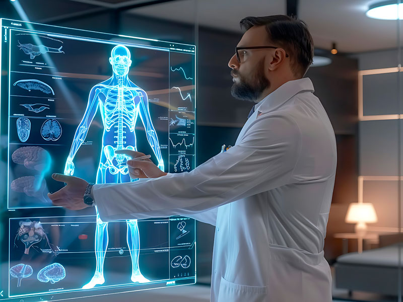 Médico traumatólogo analizando anatomía humana avanzada mediante tecnología digital para diagnóstico de lesiones óseas en TelemedicinaFull.