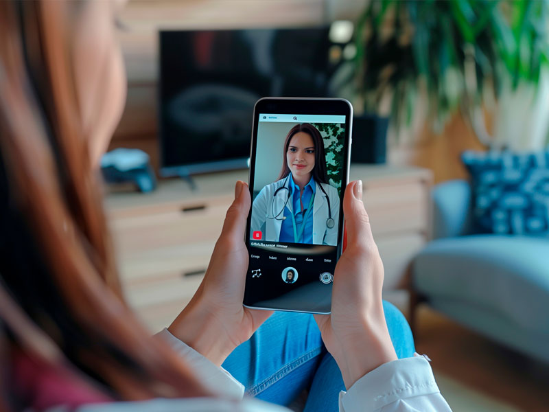 Paciente utilizando smartphone para consulta de reumatología online con especialista de TelemedicinaFull.