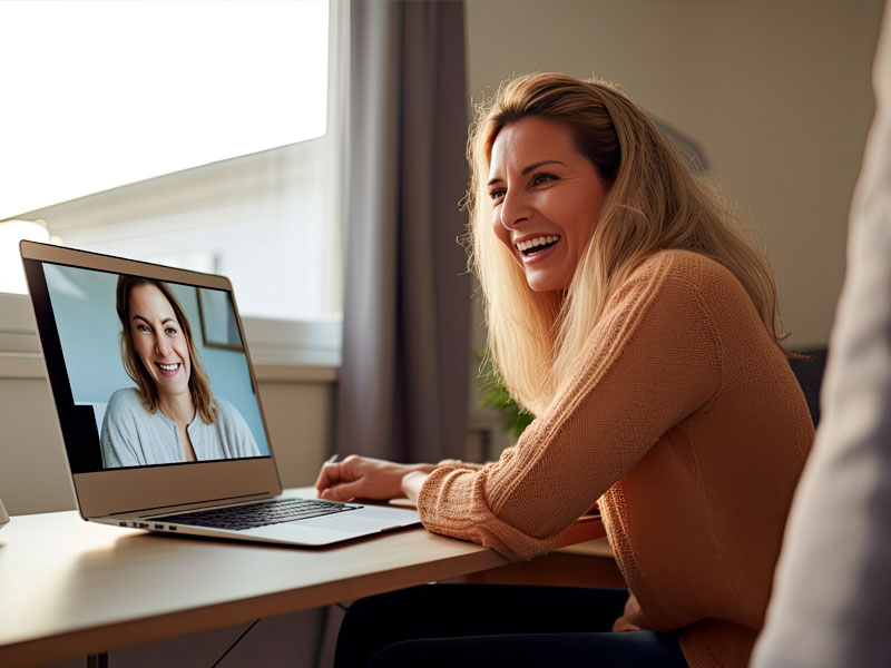 Mujer joven sonriendo durante una sesión de psicoterapia online efectiva con su psicóloga en TelemedicinaFull.
