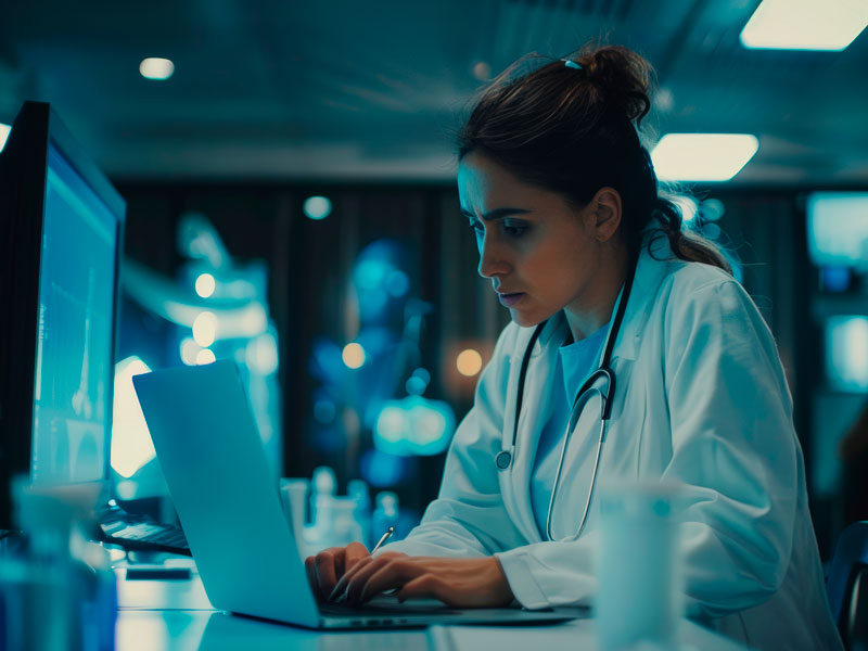 Médico infectóloga analizando datos clínicos y tratamientos para enfermedades infecciosas mediante telemedicina avanzada.