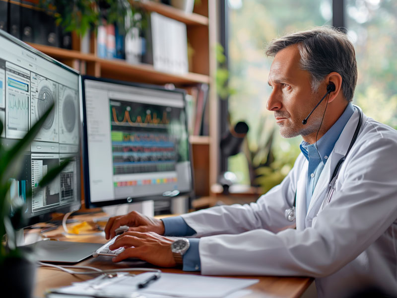 Especialista en gastroenterología analizando exámenes digestivos y monitoreo clínico avanzado vía telemedicina en TelemedicinaFull.