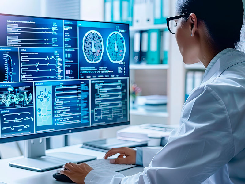 Médico neurólogo analizando exámenes cerebrales en consulta de telemedicina para adultos y niños.