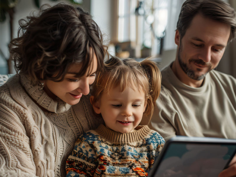 Padres junto a su hija en consulta de gastroenterología infantil online con especialista de TelemedicinaFull para diagnóstico de reflujo o cólicos.