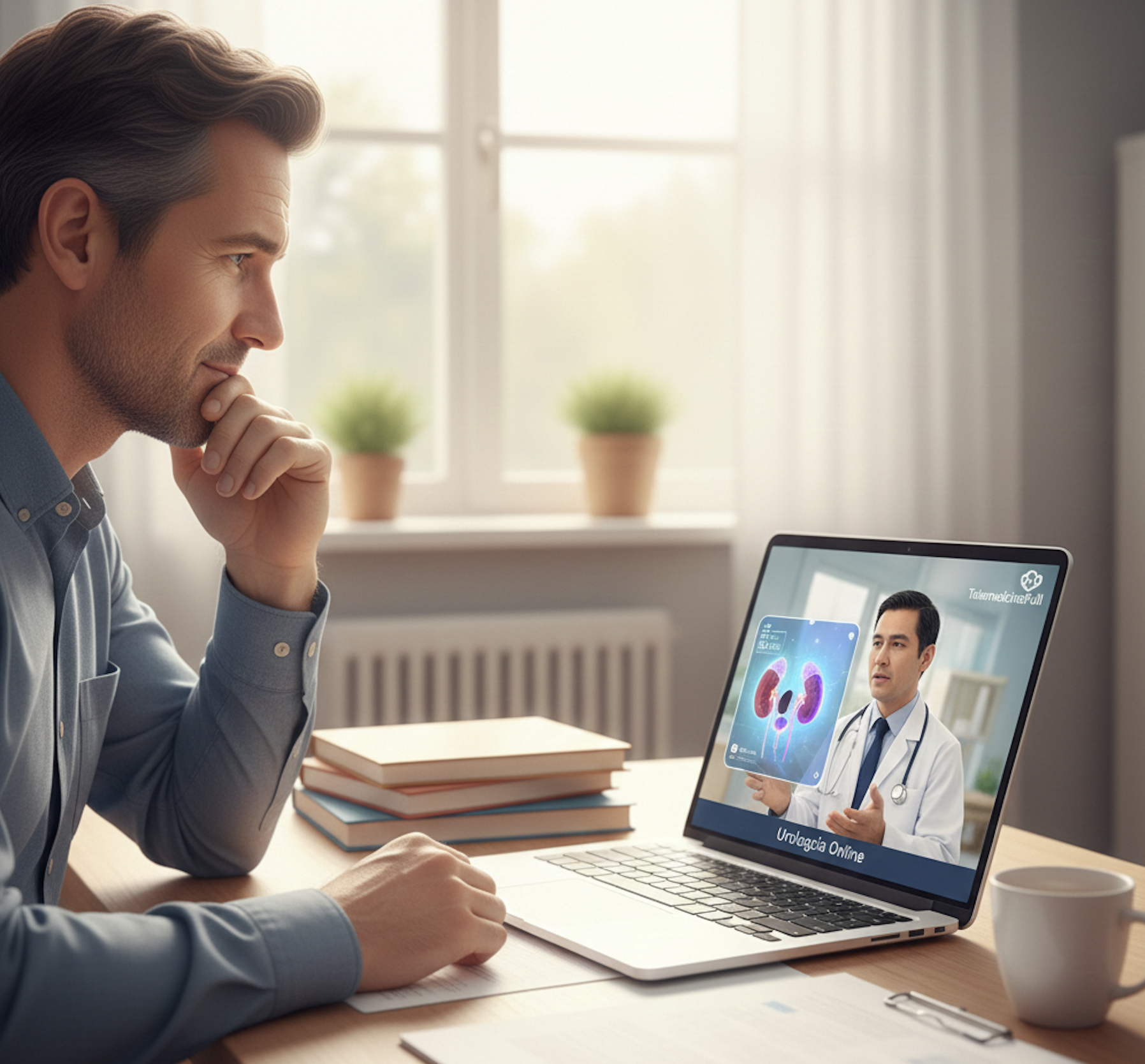 Especialista médico explicando anatomía renal y cuidados urinarios en consulta privada de telemedicina.