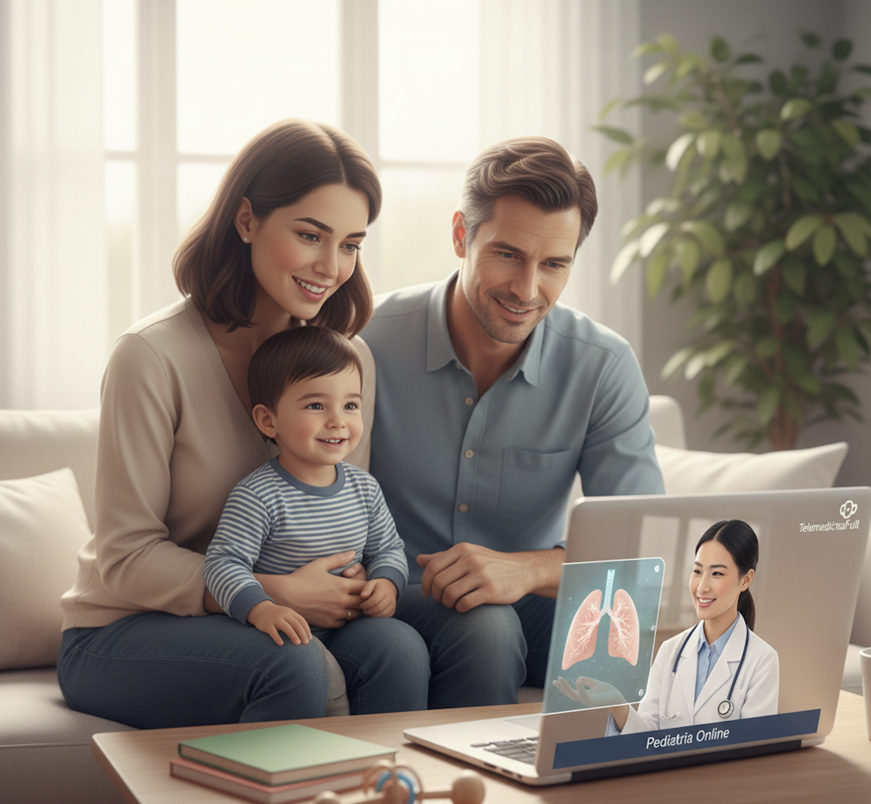 Familia con niño pequeño en teleconsulta pediátrica con doctora mostrando salud pulmonar mediante tecnología digital.