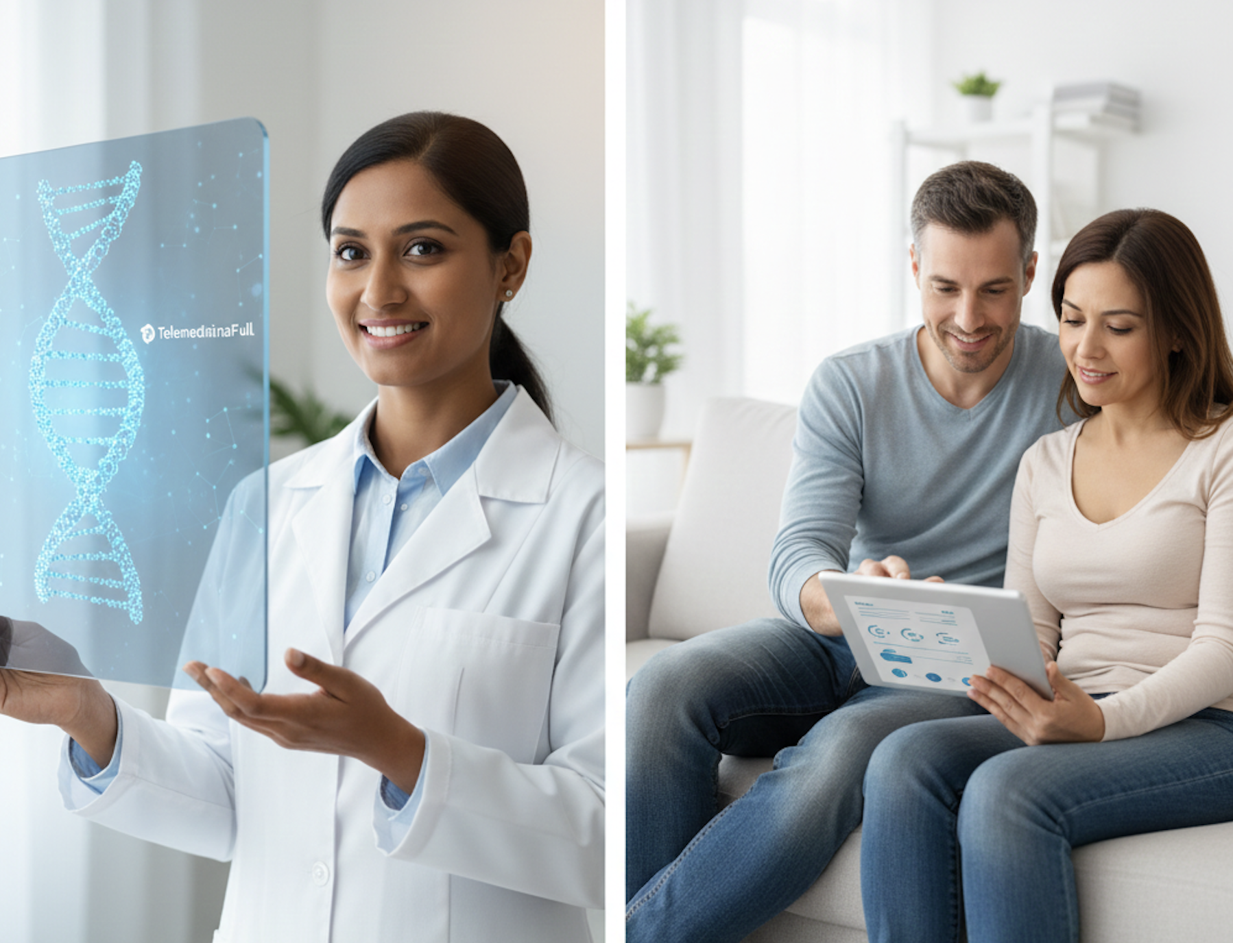 Médico especialista en genética clínica mostrando una cadena de ADN en pantalla digital durante una consulta de telemedicina en TelemedicinaFull.